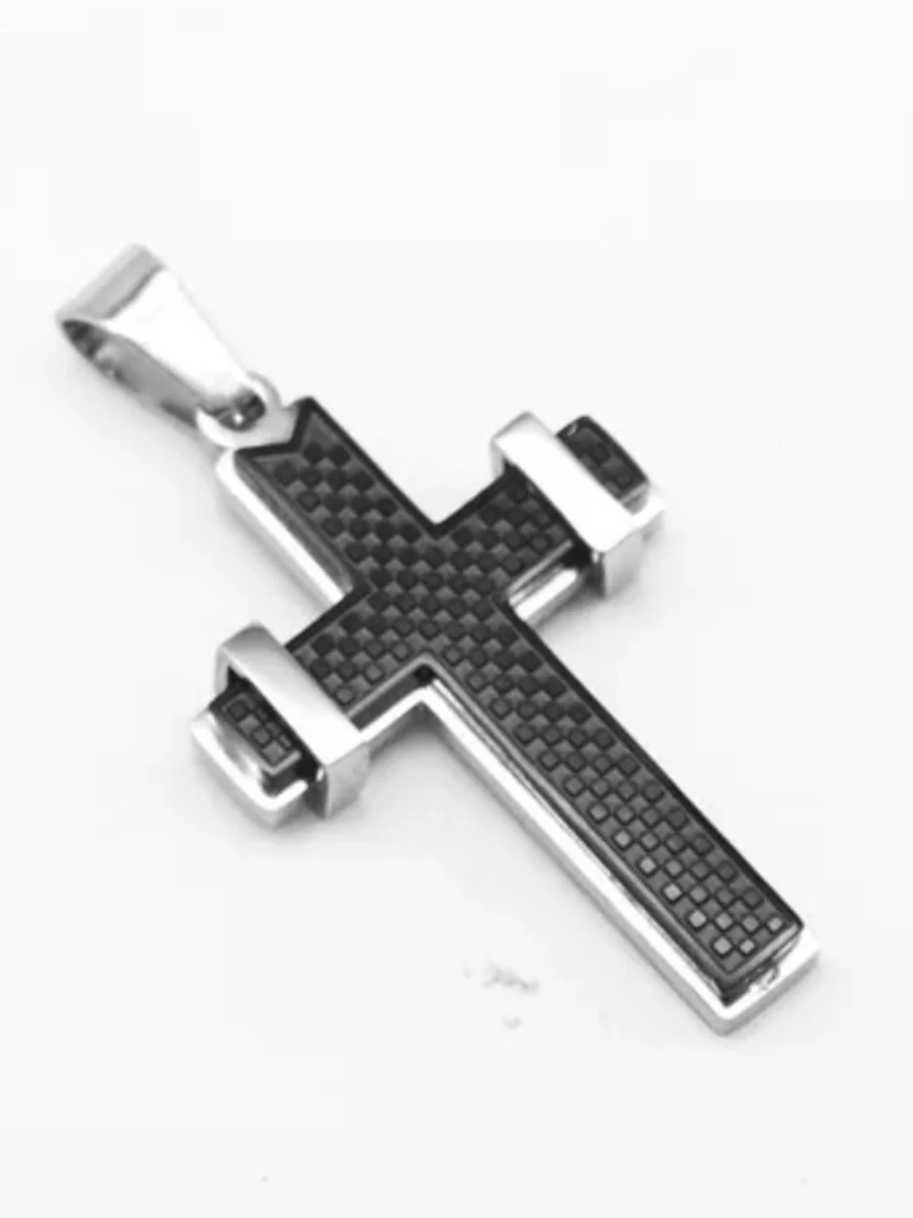 Men's Black Stainless Steel Cross Pendant Necklace with Carbon-Fiber Texture
